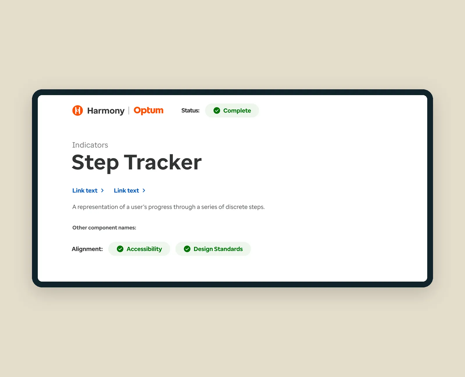 Harmony Figma page for the Step Tracker component: status complete, aligned to accessibility and design standards